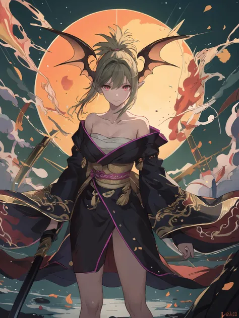 masterpiece,best quality,highres,cinematic lighting,dramatic angle,1girl,green hair,ponytail,pointy ears,red eyes,looking at viewer,bare shoulders,bandages,kimono,legs,serious,<lora:ShadowverseYuzukiV8-000024:0.8:lbw=1,0.2,0.8,0.2,0.2,0.8,0.8,0.2,0.8,1,1,1,1,1,1,1,1>,head wings,moon,bamboo,falling leaf,holding weapon,katana,slashing,drawing sword,flaming sword,standing,