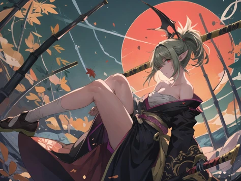 masterpiece,best quality,highres,cinematic lighting,dramatic angle,1girl,green hair,ponytail,pointy ears,red eyes,looking at viewer,bare shoulders,bandages,kimono,legs,serious,<lora:ShadowverseYuzukiV8-000024:0.8:lbw=1,0.2,0.8,0.2,0.2,0.8,0.8,0.2,0.8,1,1,1,1,1,1,1,1>,head wings,moon,bamboo,falling leaf,holding weapon,katana,slashing,drawing sword,standing,<lora:add_detail:0.5>,