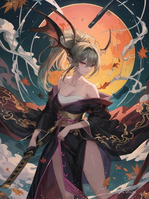 masterpiece,best quality,highres,cinematic lighting,dramatic angle,1girl,green hair,ponytail,pointy ears,red eyes,looking at viewer,bare shoulders,bandages,kimono,legs,serious,<lora:ShadowverseYuzukiV8-000024:0.8:lbw=1,0.2,0.8,0.2,0.2,0.8,0.8,0.2,0.8,1,1,1,1,1,1,1,1>,head wings,moon,bamboo,falling leaf,holding weapon,katana,slashing,drawing sword,standing,<lora:add_detail:0.5>,sheath,