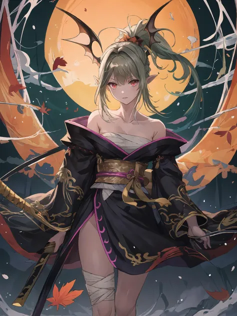 masterpiece,best quality,highres,cinematic lighting,dramatic angle,1girl,green hair,ponytail,pointy ears,red eyes,looking at viewer,bare shoulders,bandages,kimono,legs,serious,<lora:ShadowverseYuzukiV8-000024:0.8:lbw=1,0.2,0.8,0.2,0.2,0.8,0.8,0.2,0.8,1,1,1,1,1,1,1,1>,head wings,moon,bamboo,falling leaf,holding weapon,katana,slashing,drawing sword,standing,<lora:add_detail:0.5>,sheath,