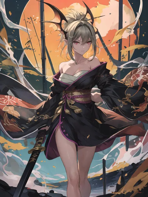 masterpiece,best quality,highres,cinematic lighting,dramatic angle,1girl,green hair,ponytail,pointy ears,red eyes,looking at viewer,bare shoulders,bandages,kimono,legs,serious,<lora:ShadowverseYuzukiV8-000024:0.8:lbw=1,0.2,0.8,0.2,0.2,0.8,0.8,0.2,0.8,1,1,1,1,1,1,1,1>,head wings,moon,bamboo,falling leaf,holding weapon,katana,slashing,drawing sword,standing,<lora:add_detail:0.5>,sheath,