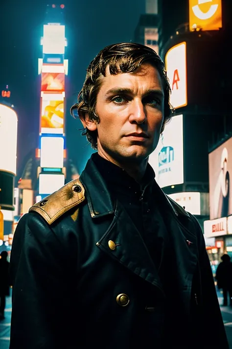 JoshuaChamberlain, ((detailed face, Times Square background, detailed background, cyberpunk, shadow, dramatic lighting, by Bill Sienkiewicz, bokeh, night, midnight, darkness))