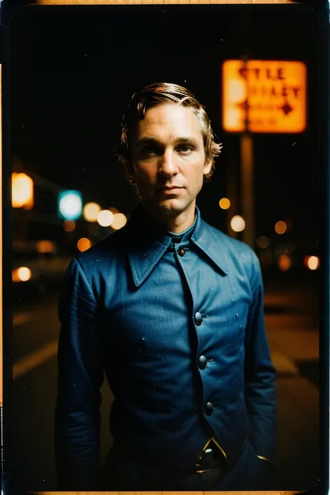 JoshuaChamberlain, (upper body), 1970s clothing, ((tintype)), smile, big eyes, doe-eyed, (analog, film, film grain:1.4), ((outside Studio 54, disco, night, gritty Manhattan street, hot, summer, sweaty, August)), smile:1.2, <lora:nighttime_v1:0.6>