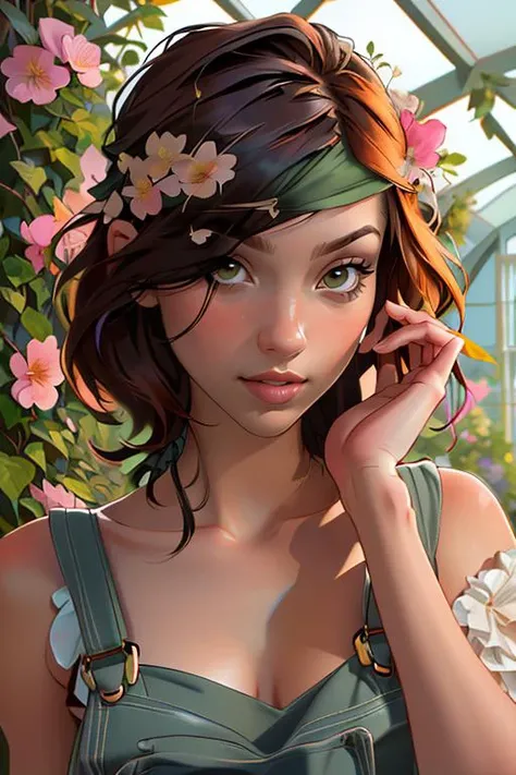 Merger_sophie_walerhaus,
(in a giant glass green house filled with exotic flowers and plants wearing overalls and a bandana walking through the flowers, arboretum, green house, glass, plants, flowers:1.2),
bokeh, f1.4, 40mm, photorealistic, raw, 8k, textured skin, skin pores, intricate details <lora:epi_noiseoffset2:1>, epiCRealism