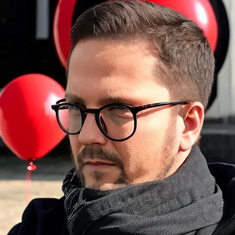 <lora:sharij:0.9>, a man, black glasses, {red balloon complex bg}