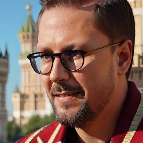 <lora:sharij:0.7>, a man, glasses, portrait, gucci cloches, (complex kremlin bg:1.3)