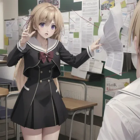 <lora:chaoschild_kurusu-10:1> kurusu nono, hair ribbon, school uniform, black dress, bow, blonde hair, purple eyes
masterpiece, best quality, absurdres, 1girl, PepeSilviaMeme, wall, paper <lora:PepeSilviaMeme:0.9>