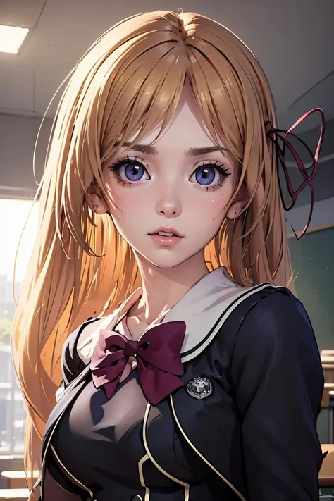 (masterpiece, best quality), 1girl, standing, beautiful face, <lora:chaoschild_kurusu:1> kurusu nono, hair ribbon, school uniform, black dress, bow,