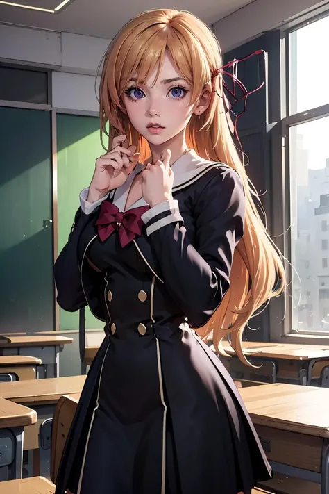 (masterpiece, best quality), 1girl, standing, beautiful face, <lora:chaoschild_kurusu:1> kurusu nono, hair ribbon, school uniform, black dress, bow,
