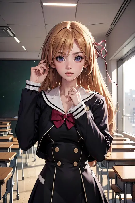 (masterpiece, best quality), 1girl, standing, beautiful face, <lora:chaoschild_kurusu:1> kurusu nono, hair ribbon, school uniform, black dress, bow,