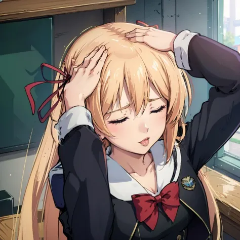 masterpiece, best quality, kurusu nono, hair ribbon, school uniform, black dress, bow, ahetobleh, from above, hands on own head, closed eyes <lora:chaoschild_kurusu-10:1> <lyco:ahetobleh-nvwls-v1-final:0.6>
