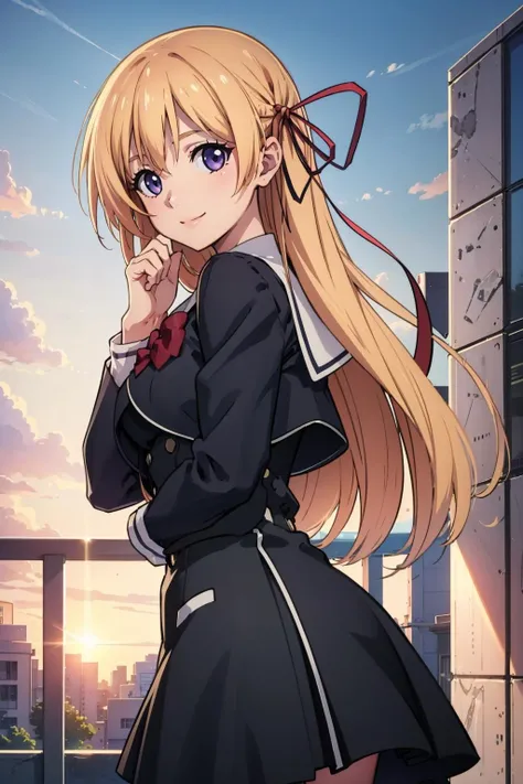 masterpiece, best quality, kurusu nono, hair ribbon, school uniform, black dress, bow, cowboy shot, looking at viewer, from side, smile, school, hand to heart <lora:chaoschild_kurusu-10:0.9>