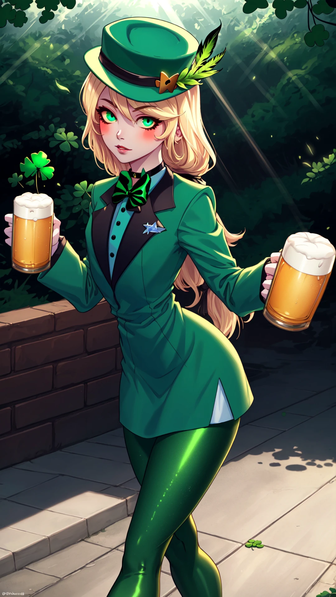 fashion photography,<lora:ShamrockWorld-10:0.8>,ShamrockWorld,<lora:hazbinhotel_morningstar_v11-10:0.9>,charlie morningstar,cute,colored skin,sensual,full body,four-leaf clover,green,shiny,highres,shiny clothes,light particles,perfect lighting,beautiful light,cinematic lighting,bloom:0.7,day,official art,best quality,bokeh,outdoors,village,town,masterpiece,colorful:0.8,dynamic pose,standing,adult,female,blue eyes,skinny,smile BREAK intense long hair,light passing through hair,hat,blonde hair,colored sclera,bowtie,fedora,detailed eyes,green headwear,hat feather,green capelet,clover,glossy lips,pursed lips,choker BREAK green dress,oily skin,glossy skin,perfect skin,narrow waist,green jacket,looking at viewer,holding,holding mug,alcohol BREAK green dress,four-leaf clover,sidewalk green_leggings,