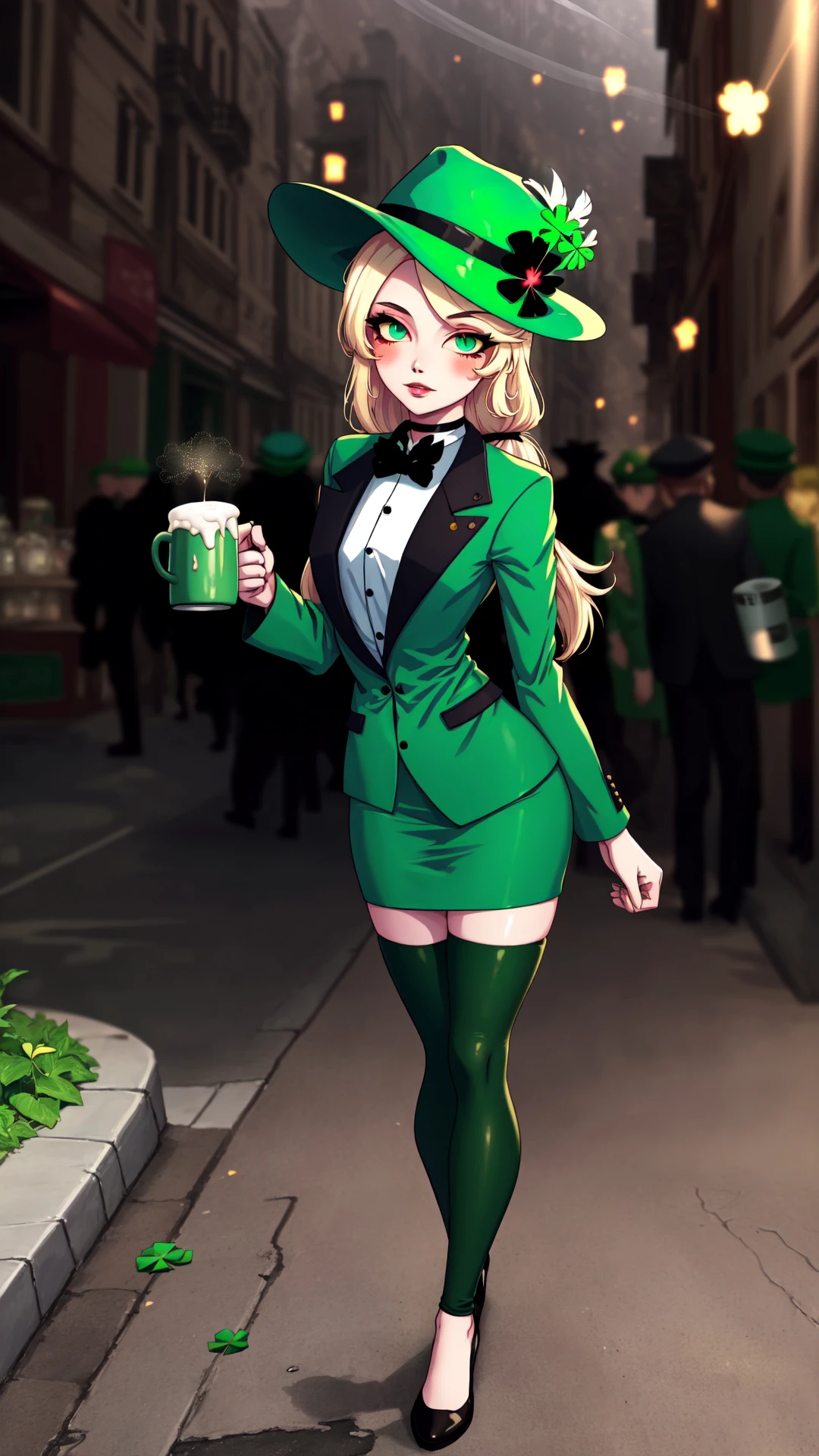 fashion photography,<lora:ShamrockWorld-10:0.8>,ShamrockWorld,<lora:hazbinhotel_morningstar_v11-10:0.9>,charlie morningstar,cute,colored skin,sensual,full body,four-leaf clover,green,shiny,highres,shiny clothes,light particles,perfect lighting,beautiful light,cinematic lighting,bloom:0.7,day,official art,best quality,bokeh,outdoors,village,town,masterpiece,colorful:0.8,dynamic pose,standing,adult,female,blue eyes,skinny,smile BREAK intense long hair,light passing through hair,hat,blonde hair,colored sclera,bowtie,fedora,detailed eyes,green headwear,hat feather,green capelet,clover,glossy lips,pursed lips,choker BREAK green dress,oily skin,glossy skin,perfect skin,narrow waist,green jacket,looking at viewer,holding,holding mug,alcohol BREAK green dress,four-leaf clover,sidewalk green_leggings,