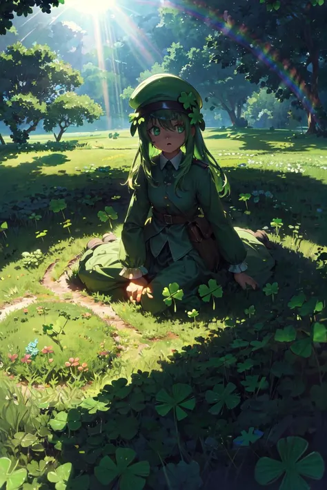 detailed illustration, green headwear, animal focus, bird, looking at viewer, hat, green eyes, ShamrockWorld, clover, four-leaf clover, outdoors, meadow, rainbow, cinematic lighting, hires, volumetric lighting, highly detailed background, lights and shadows, backlit, masterpiece, <lora:add_detail:0.5> <lora:hairdetailer:0.5> <lora:ShamrockWorld-10:0.8>,