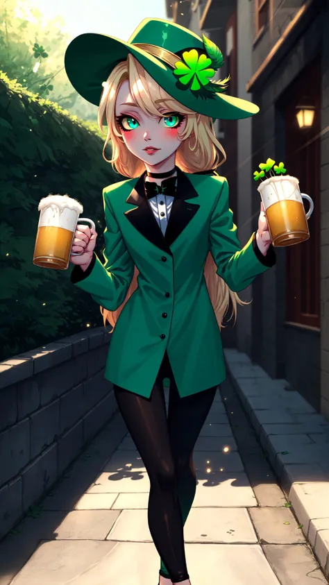 fashion photography,<lora:ShamrockWorld-10:0.8>,ShamrockWorld,<lora:hazbinhotel_morningstar_v11-10:0.9>,charlie morningstar,cute,colored skin,sensual,full body,four-leaf clover,green,shiny,highres,shiny clothes,light particles,perfect lighting,beautiful light,cinematic lighting,bloom:0.7,day,official art,best quality,bokeh,outdoors,village,town,masterpiece,colorful:0.8,dynamic pose,standing,adult,female,blue eyes,skinny,smile BREAK intense long hair,light passing through hair,hat,blonde hair,colored sclera,bowtie,fedora,detailed eyes,green headwear,hat feather,green capelet,clover,glossy lips,pursed lips,choker BREAK green dress,oily skin,glossy skin,perfect skin,narrow waist,green jacket,looking at viewer,holding,holding mug,alcohol BREAK green dress,four-leaf clover,sidewalk green_leggings,