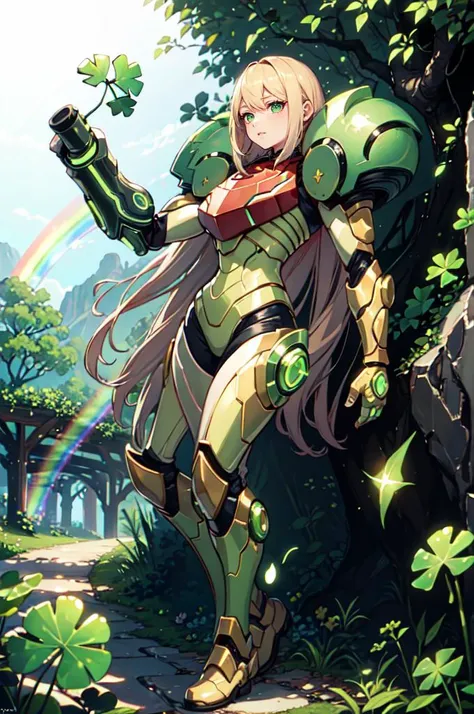 <lora:ShamrockWorld:0.8> ShamrockWorld, clover, four-leaf clover, light particles, rainbow, gold pot, clover field, valley, <lora:Samus_Varia_Suit:0.8> samus aran, varia suit, flower arm cannon, green armor,
plant monster,, absurdres, ultra detailed, masterpiece, best quality, aesthetic, detailed,