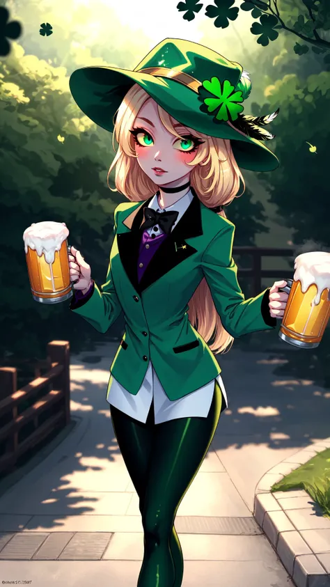 fashion photography,<lora:ShamrockWorld-10:0.8>,ShamrockWorld,<lora:hazbinhotel_morningstar_v11-10:0.9>,charlie morningstar,cute,colored skin,sensual,full body,four-leaf clover,green,shiny,highres,shiny clothes,light particles,perfect lighting,beautiful light,cinematic lighting,bloom:0.7,day,official art,best quality,bokeh,outdoors,village,town,masterpiece,colorful:0.8,dynamic pose,standing,adult,female,blue eyes,skinny,smile BREAK intense long hair,light passing through hair,hat,blonde hair,colored sclera,bowtie,fedora,detailed eyes,green headwear,hat feather,green capelet,clover,glossy lips,pursed lips,choker BREAK green dress,oily skin,glossy skin,perfect skin,narrow waist,green jacket,looking at viewer,holding,holding mug,alcohol BREAK green dress,four-leaf clover,sidewalk green_leggings,