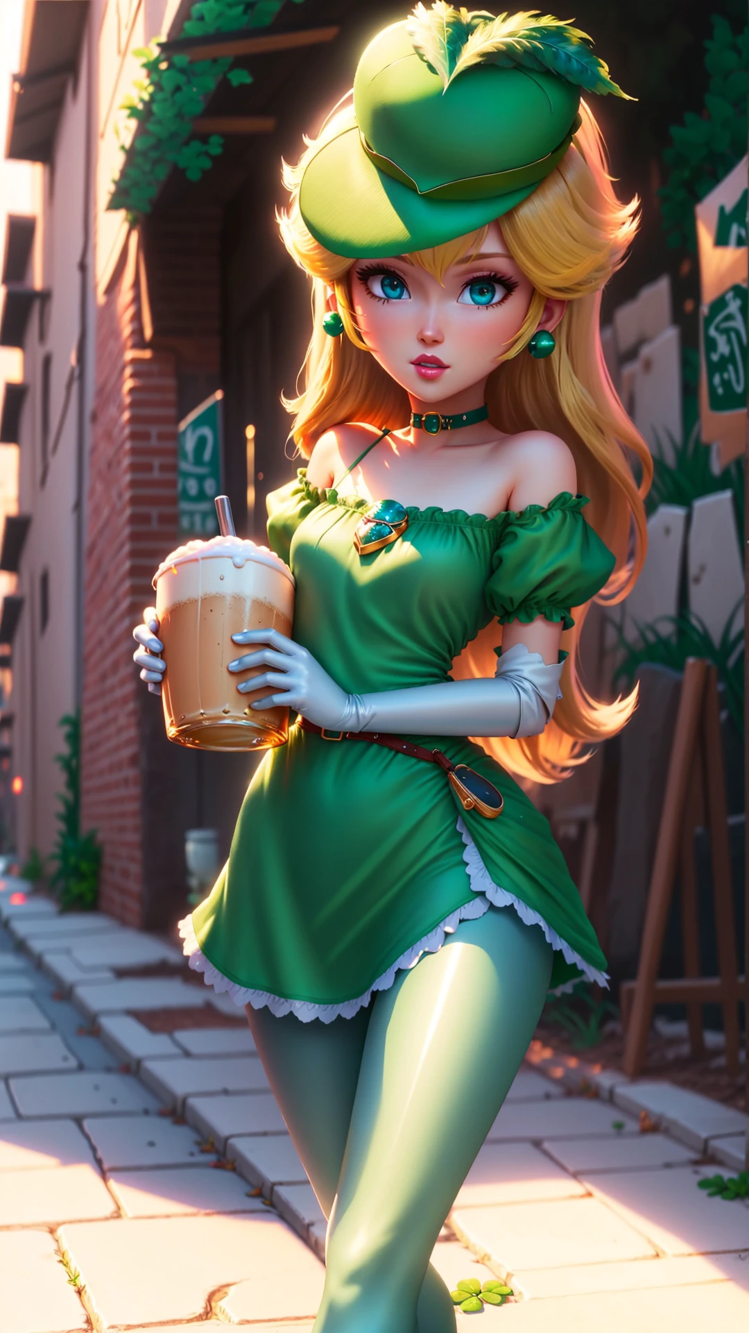 fashion photography,<lora:ShamrockWorld-10:0.9>,ShamrockWorld,<lora:mpeachv6:0.8>,(PrincessPeach),cute,sensual,full body,four-leaf clover,green,shiny,highres,shiny clothes,light particles,perfect lighting,beautiful light,cinematic lighting,bloom:0.7,day,official art,best quality,bokeh,outdoors,village,town,masterpiece,colorful:0.8,dynamic pose,standing,adult,female,blue eyes,skinny,smile,BREAK blonde hair,intense long hair,light passing through hair hat fedora detailed eyes green headwear hat feather green capelet clover glossy lips pink lips pursed lips choker BREAK green dress,oily skin,glossy skin perfect skin narrow waist looking at viewer holding holding mug alcohol BREAK green dress,four-leaf clover,sidewalk green_leggings,
