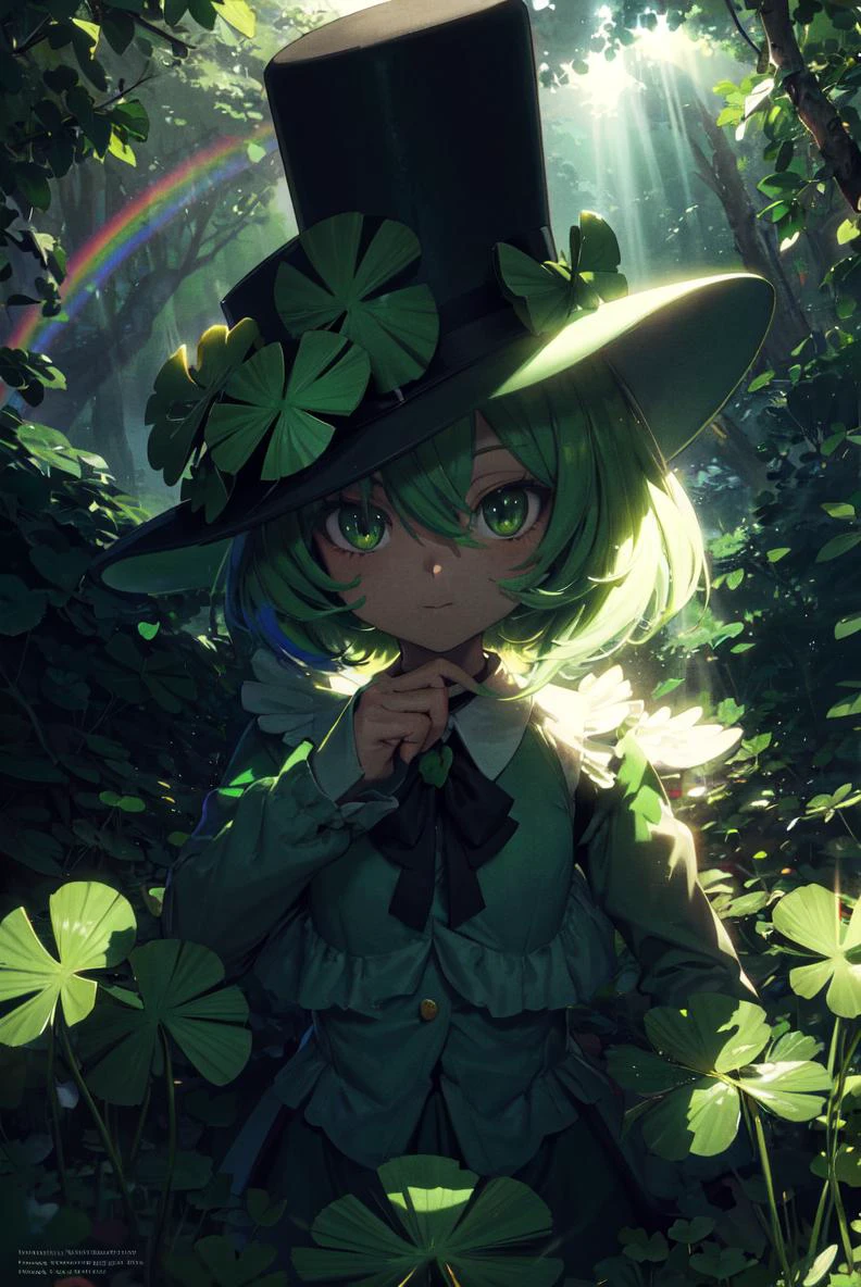 detailed illustration, close up, green top hat, looking at viewer, hat, green eyes, no humans, bird, animal, animal focus, green theme, clover, four-leaf clover, ShamrockWorld, clover, four-leaf clover, outdoors, forest, rainbow, cinematic lighting, hires, volumetric lighting, highly detailed background, lights and shadows, backlit, masterpiece, <lora:add_detail:0.5> <lora:hairdetailer:0.5> <lora:ShamrockWorld-10:0.8>,
