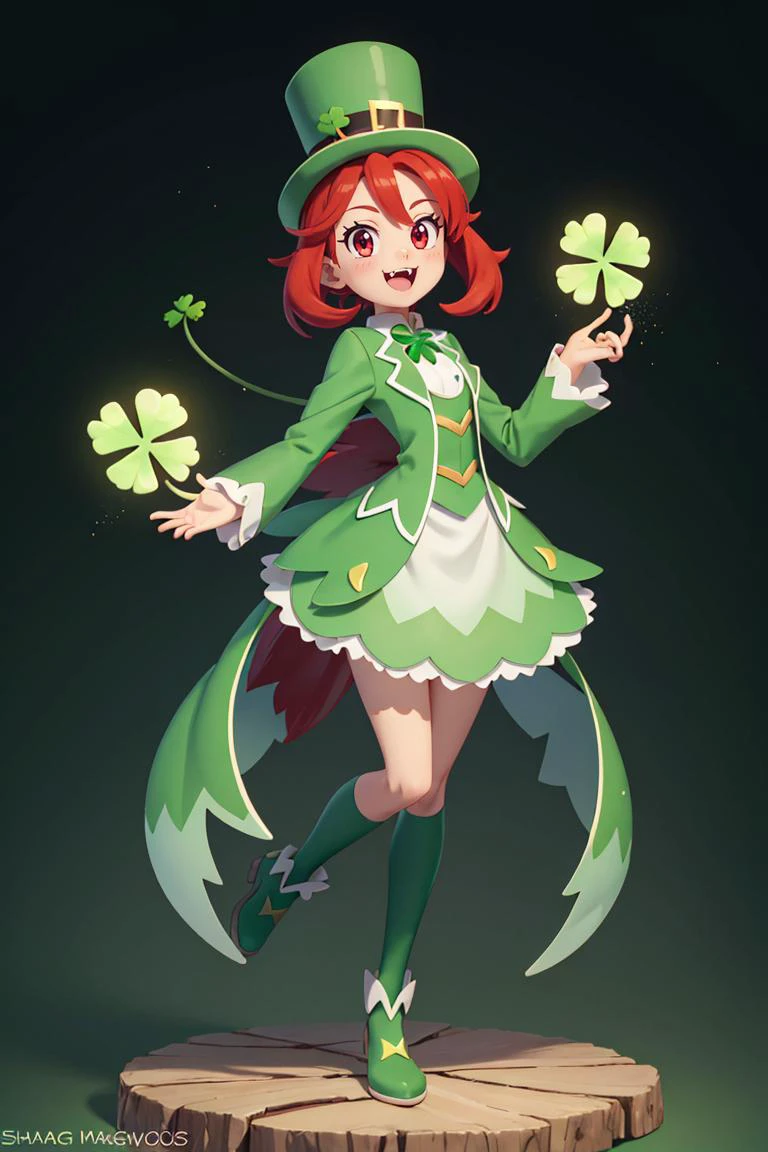 ((masterpiece, best quality)), <lora:ShamrockWorld-10:0.8>, ShamrockWorld, clover, four-leaf clover, light particles, green top hat, solo, looking at viewer, smile, open mouth, red eyes, standing, full body, :d, artist name, signature, gradient, gradient background, pokemon (creature), no humans, :3, fangs, green background, animal focus