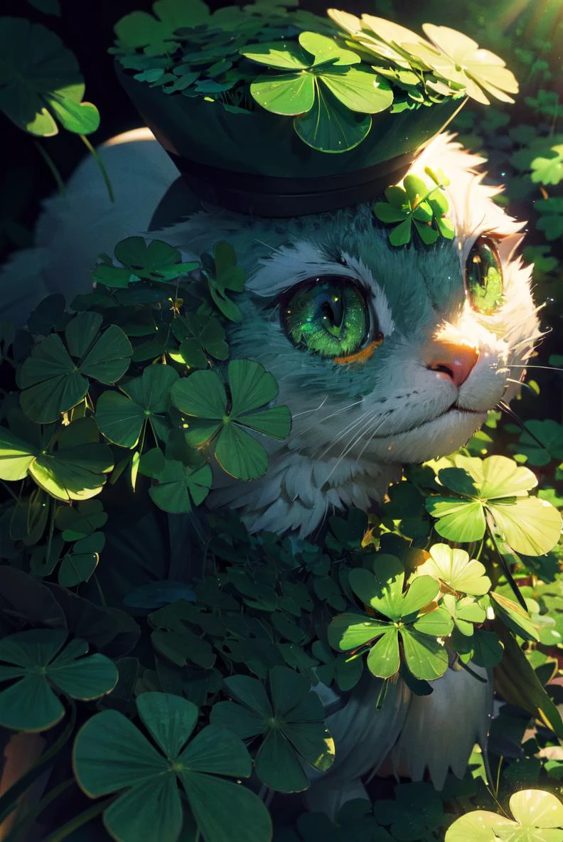 detailed illustration, close up, green top hat, looking at viewer, hat, green eyes, no humans, bird, animal, animal focus, green theme, clover, four-leaf clover, ShamrockWorld, clover, four-leaf clover, outdoors, forest, rainbow, cinematic lighting, hires, volumetric lighting, highly detailed background, lights and shadows, backlit, masterpiece, <lora:add_detail:0.5> <lora:hairdetailer:0.5> <lora:ShamrockWorld-10:0.8>,