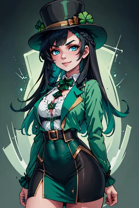 ((masterpiece,best quality)),  anime style, 
solo, 1girl,( civitai-chan, black hair, blue eyes, braided bangs, v-shaped eyebrows:1.1),  <lora:gijinkaseries_civitai-18:0.9>, 
green bow, green top hat, formal, 
smile, looking at viewer, cowboy shot,  
<lora:ShamrockWorld-10:0.8>, ShamrockWorld, clover, four-leaf clover, light particles, green theme,