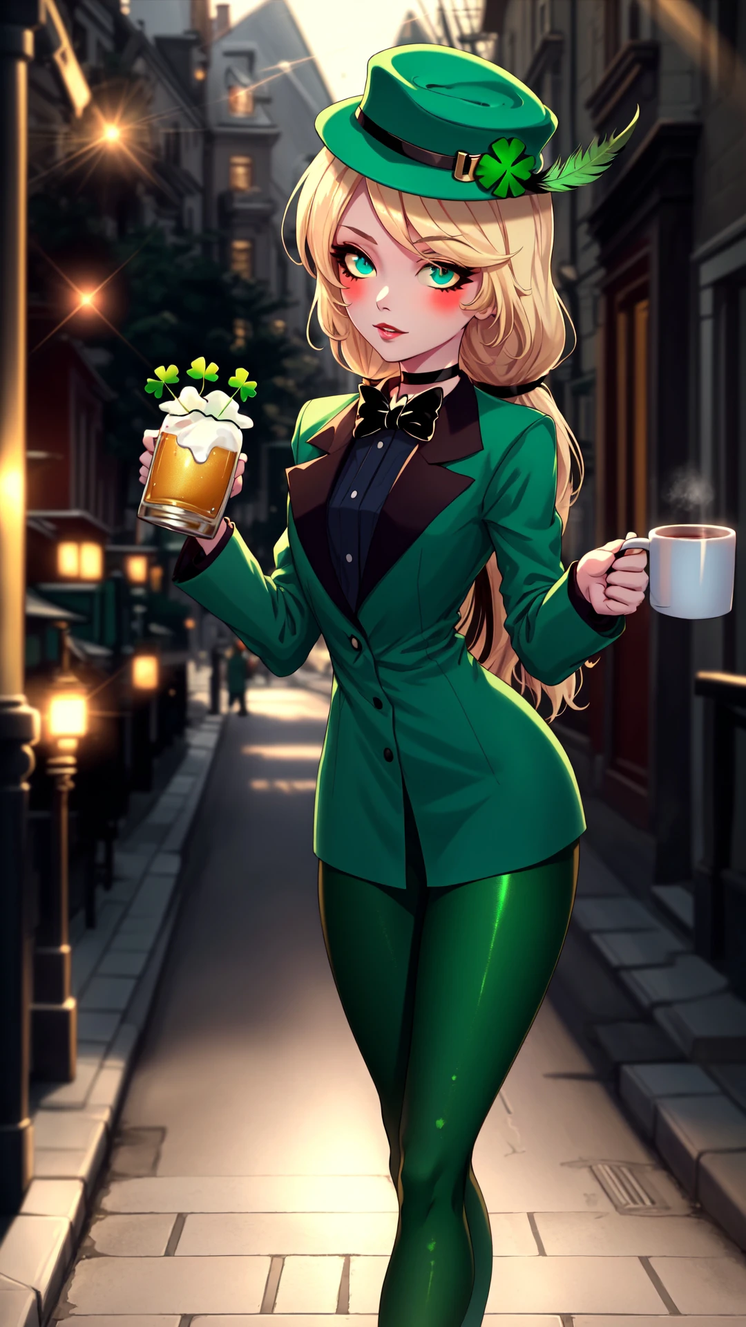 fashion photography,<lora:ShamrockWorld-10:0.8>,ShamrockWorld,<lora:hazbinhotel_morningstar_v11-10:0.9>,charlie morningstar,cute,colored skin,sensual,full body,four-leaf clover,green,shiny,highres,shiny clothes,light particles,perfect lighting,beautiful light,cinematic lighting,bloom:0.7,day,official art,best quality,bokeh,outdoors,village,town,masterpiece,colorful:0.8,dynamic pose,standing,adult,female,blue eyes,skinny,smile BREAK intense long hair,light passing through hair,hat,blonde hair,colored sclera,bowtie,fedora,detailed eyes,green headwear,hat feather,green capelet,clover,glossy lips,pursed lips,choker BREAK green dress,oily skin,glossy skin,perfect skin,narrow waist,green jacket,looking at viewer,holding,holding mug,alcohol BREAK green dress,four-leaf clover,sidewalk green_leggings,