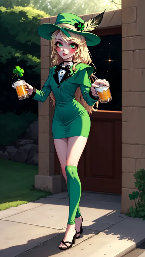 fashion photography,<lora:ShamrockWorld-10:0.8>,ShamrockWorld,<lora:hazbinhotel_morningstar_v11-10:0.9>,charlie morningstar,cute,colored skin,sensual,full body,four-leaf clover,green,shiny,highres,shiny clothes,light particles,perfect lighting,beautiful light,cinematic lighting,bloom:0.7,day,official art,best quality,bokeh,outdoors,village,town,masterpiece,colorful:0.8,dynamic pose,standing,adult,female,blue eyes,skinny,smile BREAK intense long hair,light passing through hair,hat,blonde hair,colored sclera,bowtie,fedora,detailed eyes,green headwear,hat feather,green capelet,clover,glossy lips,pursed lips,choker BREAK green dress,oily skin,glossy skin,perfect skin,narrow waist,green jacket,looking at viewer,holding,holding mug,alcohol BREAK green dress,four-leaf clover,sidewalk green_leggings,