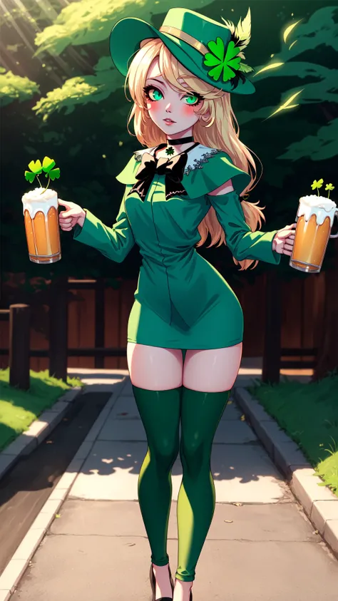 fashion photography,<lora:ShamrockWorld-10:0.8>,ShamrockWorld,<lora:hazbinhotel_morningstar_v11-10:0.9>,charlie morningstar,cute,colored skin,sensual,full body,four-leaf clover,green,shiny,highres,shiny clothes,light particles,perfect lighting,beautiful light,cinematic lighting,bloom:0.7,day,official art,best quality,bokeh,outdoors,village,town,masterpiece,colorful:0.8,dynamic pose,standing,adult,female,blue eyes,skinny,smile BREAK intense long hair,light passing through hair,hat,blonde hair,colored sclera,bowtie,fedora,detailed eyes,green headwear,hat feather,green capelet,clover,glossy lips,pursed lips,choker BREAK green dress,oily skin,glossy skin,perfect skin,narrow waist,green jacket,looking at viewer,holding,holding mug,alcohol BREAK green dress,four-leaf clover,sidewalk green_leggings,