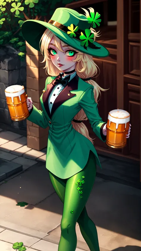 fashion photography,<lora:ShamrockWorld-10:0.8>,ShamrockWorld,<lora:hazbinhotel_morningstar_v11-10:0.9>,charlie morningstar,cute,colored skin,sensual,full body,four-leaf clover,green,shiny,highres,shiny clothes,light particles,perfect lighting,beautiful light,cinematic lighting,bloom:0.7,day,official art,best quality,bokeh,outdoors,village,town,masterpiece,colorful:0.8,dynamic pose,standing,adult,female,blue eyes,skinny,smile BREAK intense long hair,light passing through hair,hat,blonde hair,colored sclera,bowtie,fedora,detailed eyes,green headwear,hat feather,green capelet,clover,glossy lips,pursed lips,choker BREAK green dress,oily skin,glossy skin,perfect skin,narrow waist,green jacket,looking at viewer,holding,holding mug,alcohol BREAK green dress,four-leaf clover,sidewalk green_leggings,
