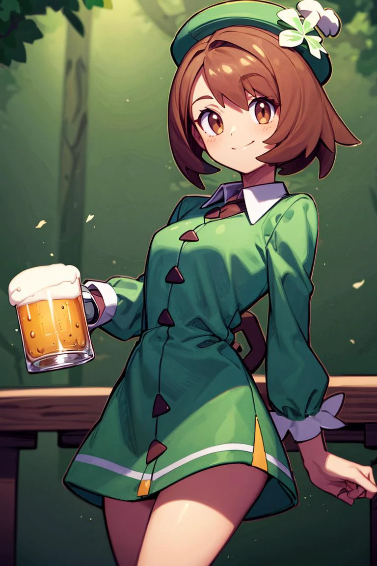 <lora:Bold_CAT:0.5>, <lora:more_details:0.5>
((masterpiece,best quality)), <lora:Gloria_Pokemon:0.8>, gloria (pokemon), brown eyes, green hat, green dress, green footwear, long sleeves, collared dress, solo, smile, looking at viewer, cowboy shot,
<lora:ShamrockWorld-10:0.8>, ShamrockWorld, clover, four-leaf clover, beer mug, green hat,