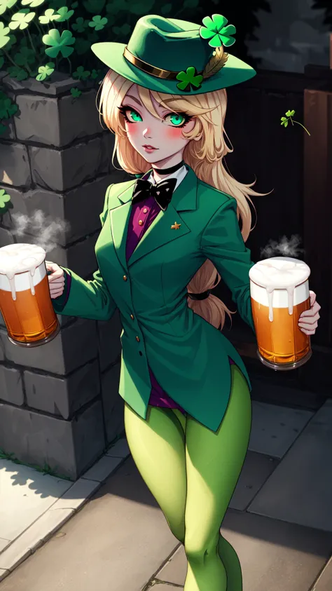 fashion photography,<lora:ShamrockWorld-10:0.8>,ShamrockWorld,<lora:hazbinhotel_morningstar_v11-10:0.9>,charlie morningstar,cute,colored skin,sensual,full body,four-leaf clover,green,shiny,highres,shiny clothes,light particles,perfect lighting,beautiful light,cinematic lighting,bloom:0.7,day,official art,best quality,bokeh,outdoors,village,town,masterpiece,colorful:0.8,dynamic pose,standing,adult,female,blue eyes,skinny,smile BREAK intense long hair,light passing through hair,hat,blonde hair,colored sclera,bowtie,fedora,detailed eyes,green headwear,hat feather,green capelet,clover,glossy lips,pursed lips,choker BREAK green dress,oily skin,glossy skin,perfect skin,narrow waist,green jacket,looking at viewer,holding,holding mug,alcohol BREAK green dress,four-leaf clover,sidewalk green_leggings,