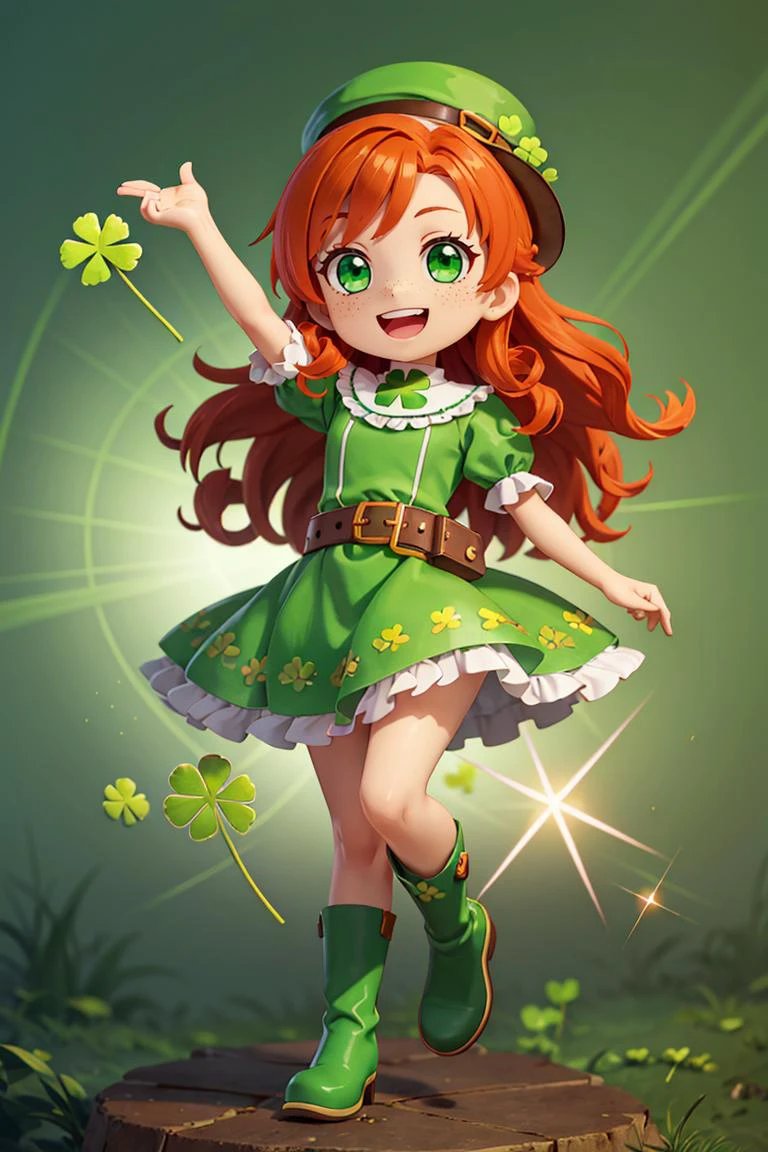 ((masterpiece, best quality)), <lora:ShamrockWorld-10:0.8>, ShamrockWorld, clover, four-leaf clover, light particles, 1girl, long hair, smile, open mouth, brown hair, hat, dress, green eyes, full body, boots, shoes, socks, belt, chibi, orange hair, freckles, green footwear, curly hair,