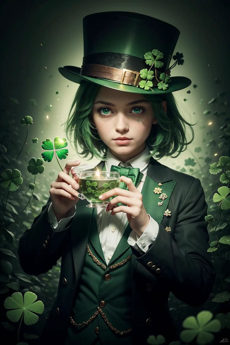 ((masterpiece, best quality)), <lora:ShamrockWorld-10:0.8>, ShamrockWorld, clover, four-leaf clover, light particles, green top hat, looking at viewer, hat, green eyes, no humans, bird, animal, animal focus, green theme, clover, four-leaf clover