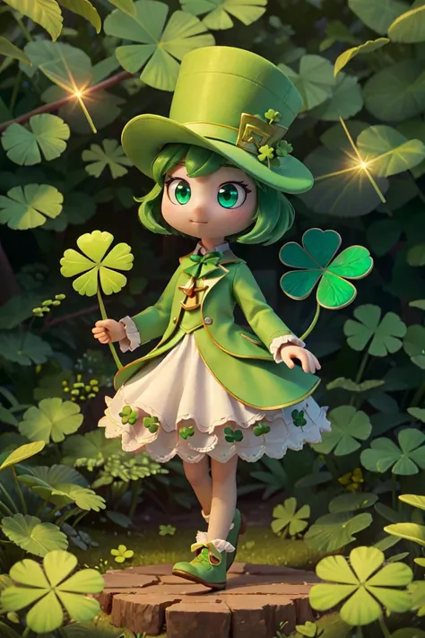 ((masterpiece, best quality)), <lora:ShamrockWorld-10:0.8>, ShamrockWorld, clover, four-leaf clover, light particles, green top hat, looking at viewer, hat, green eyes, no humans, bird, animal, animal focus, green theme, clover, four-leaf clover