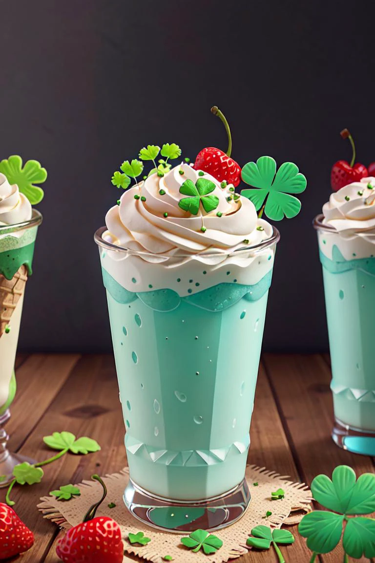 ((masterpiece, best quality)), <lora:ShamrockWorld-10:0.8>, ShamrockWorld, clover, four-leaf clover, light particles, food, blurry, cup, no humans, fruit, drinking glass, drinking straw, ice cream, strawberry, drink, glass, cherry, clover, food focus, four-leaf clover, still life