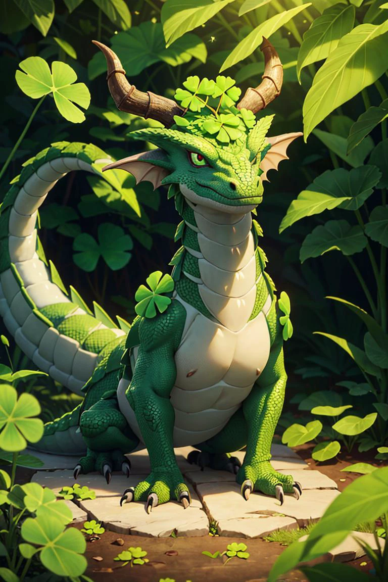 ((masterpiece, best quality)), <lora:ShamrockWorld-10:0.8>, ShamrockWorld, clover, four-leaf clover, light particles, solo, horns, no humans, leaf, plant, nature, dragon, scales, green theme