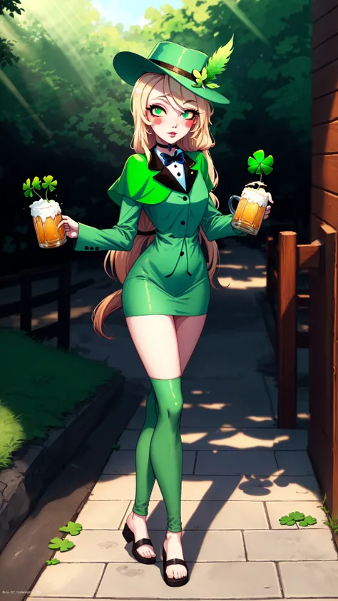 fashion photography,<lora:ShamrockWorld-10:0.8>,ShamrockWorld,<lora:hazbinhotel_morningstar_v11-10:0.9>,charlie morningstar,cute,colored skin,sensual,full body,four-leaf clover,green,shiny,highres,shiny clothes,light particles,perfect lighting,beautiful light,cinematic lighting,bloom:0.7,day,official art,best quality,bokeh,outdoors,village,town,masterpiece,colorful:0.8,dynamic pose,standing,adult,female,blue eyes,skinny,smile BREAK intense long hair,light passing through hair,hat,blonde hair,colored sclera,bowtie,fedora,detailed eyes,green headwear,hat feather,green capelet,clover,glossy lips,pursed lips,choker BREAK green dress,oily skin,glossy skin,perfect skin,narrow waist,green jacket,looking at viewer,holding,holding mug,alcohol BREAK green dress,four-leaf clover,sidewalk green_leggings,