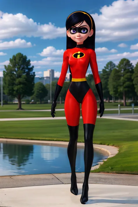 xyzviolet, purple eyes, black hair, hairband, red bodysuit, shirt logo, boots, gloves, mask, looking at viewer, smiling, standing, full body shot, outside,park, trees, pond, cityscape, blue sky, high quality, masterpiece, <lora:VRAMsViolet640v2:.6>