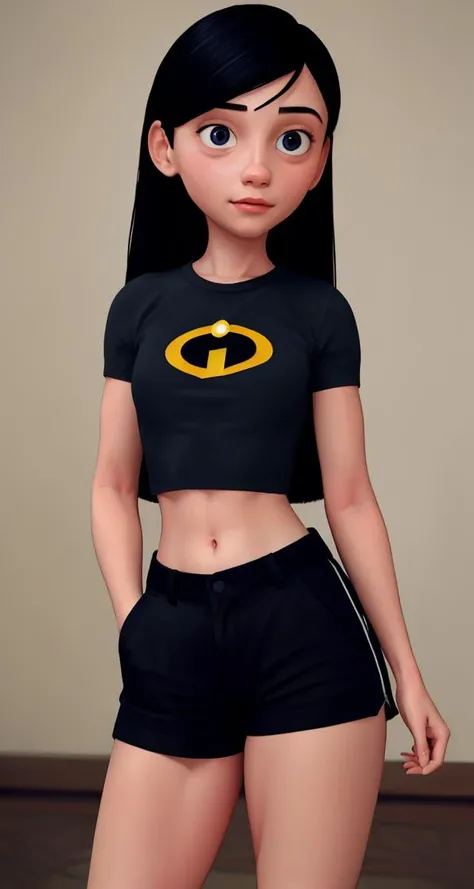 <lora:VRAMsViolet640v2:0.5>, xyzviolet, 1girl, long hair,  beautiful, masterpiece, portrait, closeup, crop top, shorts, shirt logo