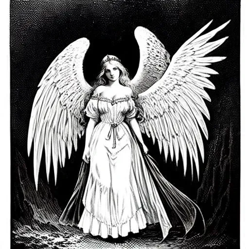 a  black and white illustration of close up of a beaultifull woman with demon wings, art by gustavedore