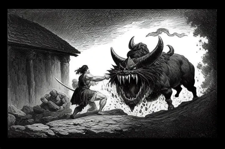 a black and white illustration of a muscular demon screaming , covered with a silk fabric, art by gustavedore