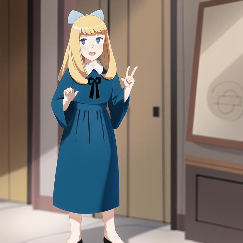 Anime girl in blue dress with black shoes and a bow - SeaArt AI