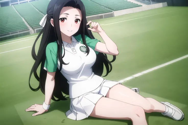 (masterpiece, best quality:1.3), mayumi, (1girl, solo, full_body_shot:1.2), mahouka_sportswear, looking_at_viewer, oppai_,
(front_view:1.3), female_focus, solo_focus, (view_straight_on:1.3), (blush:0.5), (white_with_green_shirt, white_miniskirt, pleated_skirt:1.3),
ribbon, white_shoes, big_breasts, tennis, sportswear, sitting, rest, waving,
(smile, stadium:1.3), closed_mouth
