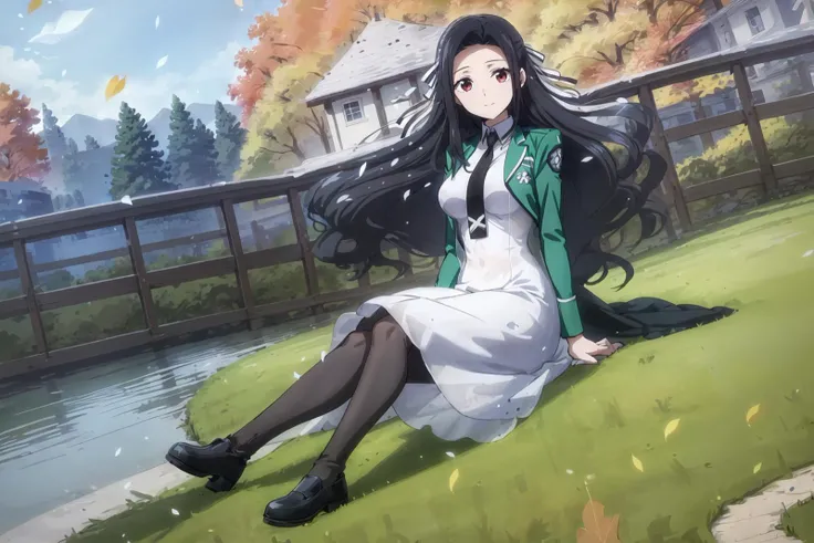 (masterpiece, best quality:1.3), mayumi, (1girl, solo, full_body_shot:1.2), mahouka_uniform, green_jacket, white_sleeveless_dress, looking_at_viewer, oppai_,
(front_view:1.3), female_focus, solo_focus, (view_straight_on:1.3), (blush:0.5), black_pantyhose,
white_long_dress, (see-through lace dress:1.2), blue_ribbon, necktie, black_shoes, big_breasts, walking, standing,
(garden, lake, autumn, petals_floating, day, dating, happy:1.3), (phantasy:1.1),