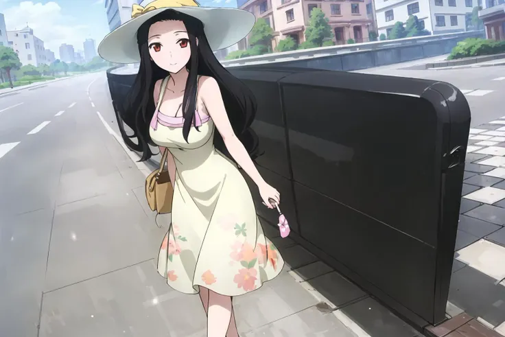 (masterpiece, best quality:1.3), mayumi, (1girl, full_body_shot:1.4), looking_at_viewer, oppai_,
(front_view:1.3), female_focus, solo_focus, (view_straight_on:1.3), (blush:0.5), (mayumi_summer_dress, white_dress, sleeveless_dress, long_dress, summer_dress, print_dress, summer_hat:1.2),
ribbon, big_breasts,(walking beside viewer:1.3), (leaning_forward:0.5), (spread_arms:0.7),
(smile, dating, cityscape, streetview:1.3)