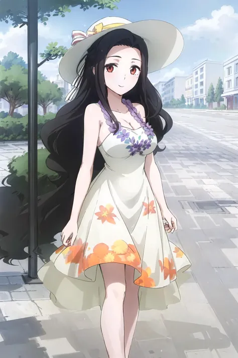 (masterpiece, best quality:1.3), mayumi, (1girl, full_body_shot:1.4), looking_at_viewer, oppai_,
(front_view:1.3), female_focus, solo_focus, (view_straight_on:1.3), (blush:0.5), (mayumi_summer_dress, white_dress, sleeveless_dress, long_dress, summer_dress, print_dress, summer_hat:1.2),
ribbon, big_breasts,(walking beside viewer:1.3), (leaning_forward:0.5), (spread_arms:0.7),
(smile, dating, cityscape, streetview:1.3)