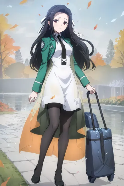 (masterpiece, best quality:1.3), mayumi, (1girl, solo, full_body_shot:1.2), mahouka_uniform, green_jacket, white_sleeveless_dress, looking_at_viewer, oppai_,
(front_view:1.3), female_focus, solo_focus, (view_straight_on:1.3), (blush:0.5), black_pantyhose,
white_long_dress, (see-through lace dress:1.2), blue_ribbon, necktie, black_shoes, big_breasts, walking, standing,
(garden, lake, autumn, petals_floating, day, dating, happy:1.3), (phantasy:1.1),