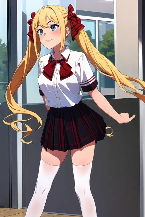 1girl, TMHP woman, blonde, schoolgirl uniform, tiffany maye, twin tails, red checkered skirt, <lora:TMHP:1.0>